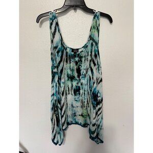 a.n.a Tank Top White Green Black Watercolor Flowy Crochet Hem Womans 1X